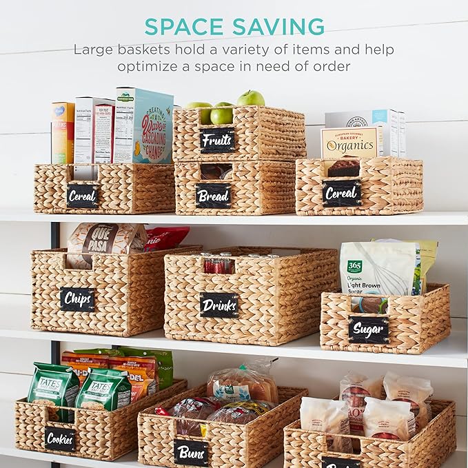 Best Choice Products Set of 4 16x12in Large Water Hyacinth Pantry Baskets, Woven Organizers w/Chalkboard Label, Chalk Marker - Natural