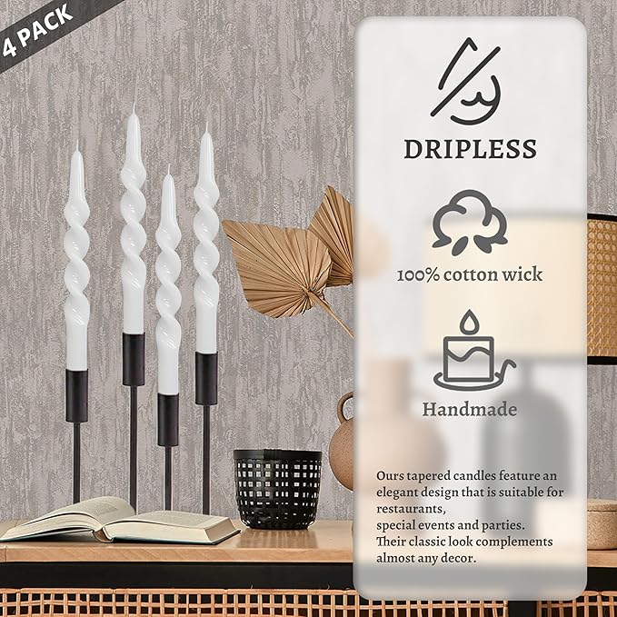 Dripless Unscented Spiral Candles 10 Inch Crystal White Twist Design Smokeless Long Burning Candles Elegant Decorative Lighting for Home Décor Dinner Party Romantic Evenings