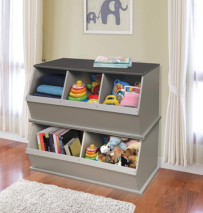 Badger Basket Three-Bin Stackable Storage Cubby – Woodgrain Gray, Expandable Storage with Top Display Shelf for Toys, Crafts & More