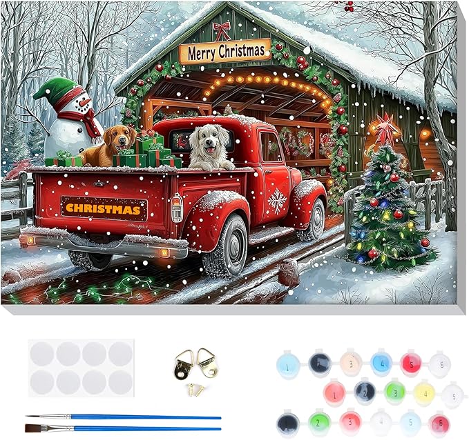 Bowetile Christmas Paint by Numbers for Adults Beginners Framed, Truck Adults' Paint-by-Number Kits, Adult Paint by Number Kits on Canvas, Acrylic Number Painting for Home Decor, 8x12in