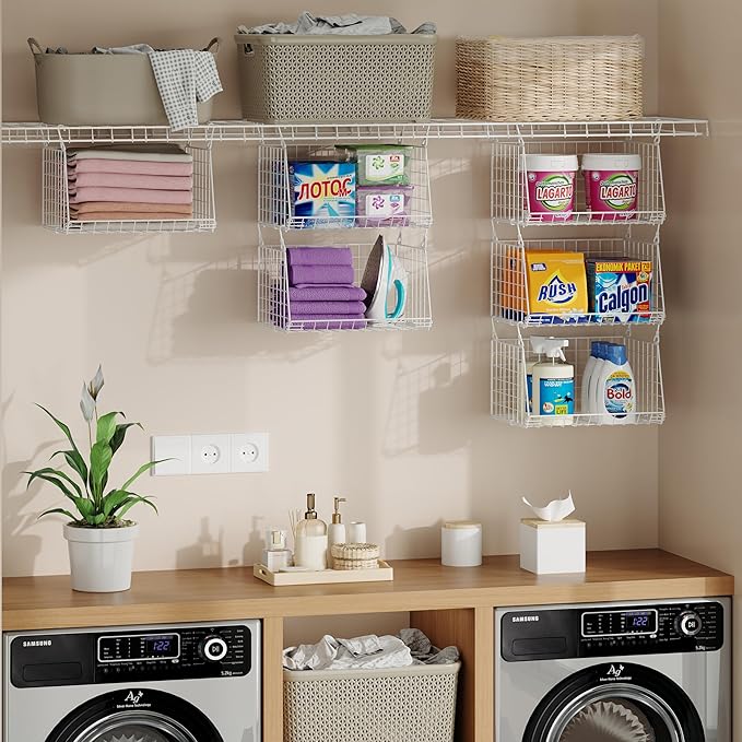 3-Tier Hanging Laundry Basket Organizer：Foldable Wire Shelf Laundry Room Organizer with 360°Rotating Hooks Small Space Solutions Pantry Baskets - Laundry Organization, White Patent