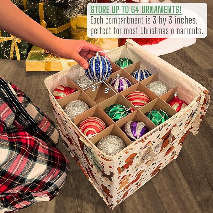 VENO 4 Pack Christmas Ornament Storage Box, Stores up to 64 Holiday Ornaments, Adjustable Dividers, Zippered Top, Storage bins with lids for holiday decorations-3 Inch Cube Compartments (Holiday Pups)