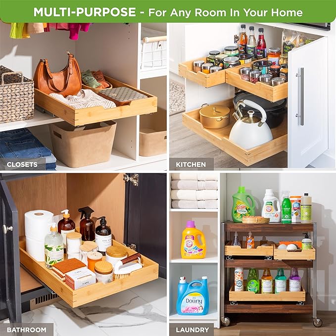 HOLDN’ STORAGE Bamboo Wooden Pull out Cabinet Organizer 17"W x 21"D Requires At Least a 18.25"W x 21"D Cabinet Opening W/Lifetime Limited Warranty, Bamboo Tray and Heavy Gauge Metal Rails