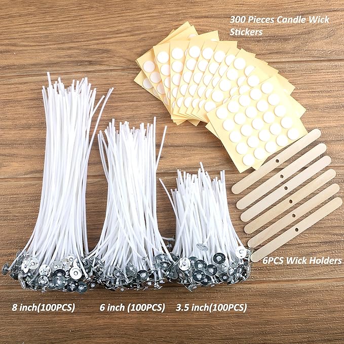 MILIVIXAY 300pcs Cotton Candle Wicks (3.5"/6"/8"), 300pcs Stickers, 6pcs Wooden Wick Holders - Candle Making Kit