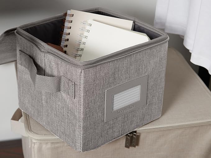 Covermates Keepsakes Zip-Top Storage Box Set, 3 Pack Heavy Duty Polyester Organizer Bins, Stackable Design, ID Window, Reinforced Handles, Closet Home Storage, Grey Heather