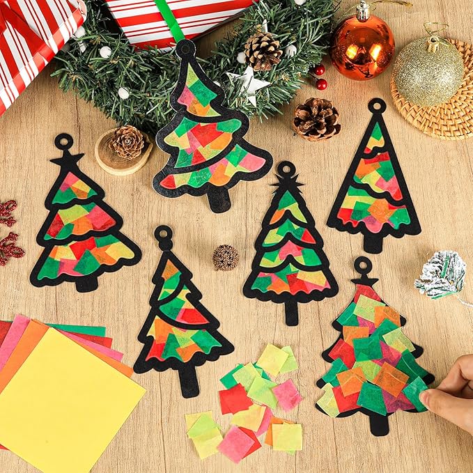 Qyeahkj 36 Set Christmas Tree Suncatchers Crafts for Kids DIY Xmas Tree Window Tissue Paper Craft Kit Hanging Decor for Christmas Winter Home Activity Art Project Birthday Party Favor Gift