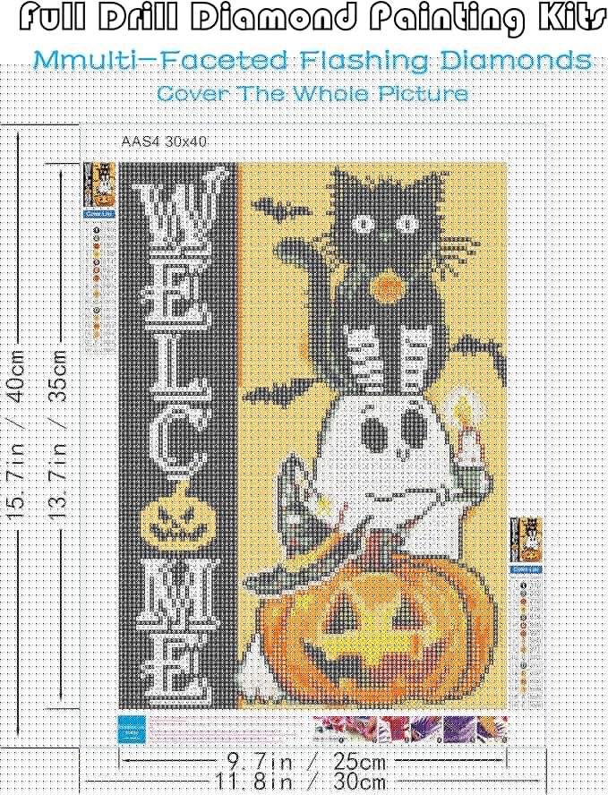 KINPLUB Halloween Diamond Painting Kits for Adults, Cat Ghost Pumpkin 5D Diamond Art Kits for Beginners, DIY Full Round Drill Paint by Diamonds Dots, Home Wall Decor 12 x 16 Inch