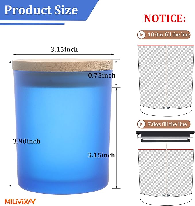 MILIVIXAY 12 Pack 10 OZ Frosted Blue Glass Candle Jars With Lids and Candle Making Kits - Bulk Empty Candle Jars For Making Candles - Spice, Powder Containers.