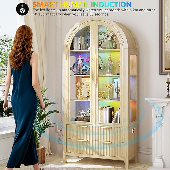 LVSOMT 71" Tall Arched Storage Cabinet with Glass Doors and Drawers, Curio Display Cabinet with Adjustable RGB Light & Human Sensor, 4-Tier China Cabinet for Living Room(Wood)