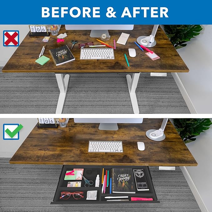 Mount-It! Under Desk Drawer with 4 Compartments, Deep Low-Profile Slide-Out Storage Organizer, 25.8″ x 12.5″ x 1.6″, Smooth Glide Pull-Out Tray for Traditional & Single Motor Standing Desks, Black