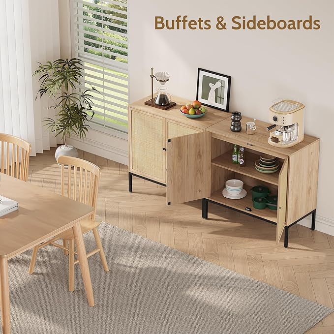 Yechen Set of 3 94.5" Sideboard Cabinet with Natural Rattan Decorated Square Doors, Rattan Cabinet, Accent Buffet Console Storage Credenza, for Living Room Entryway Kitchen, Natural, Metal Legs