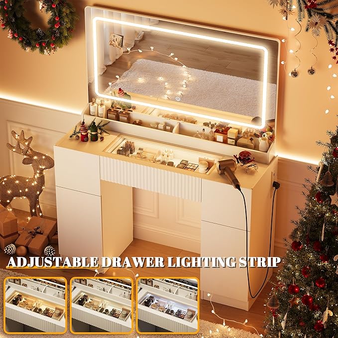 INNOD 44" Vanity Desk with Large Mirror and Lights, Modern Glass Top Makeup Vanity Set with Power Outlet, 3 Drawers and 2 Cabinet, 3 Lighting Color Adjustable Dressing Table for Bedroom,Pure White