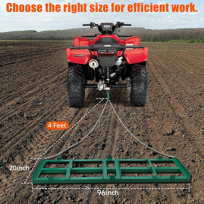 Driveway Drag 48" Wide, Tow-Behind Harrow for Driveways, Landscape Rake for ATVs, UTVs, Tractors, and Mowers, Lawn Leveling Tool with a 6FT Heavy-Duty Chain.