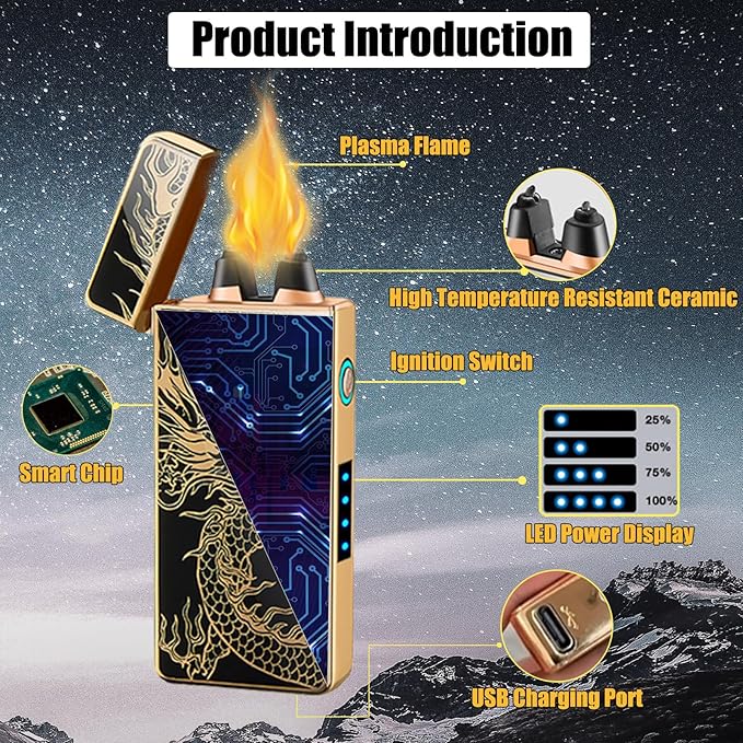 Electric Lighter Dragon Lighter Plasma Lighters Arc Flame Lighters USB Rechargeable Lighterss Candle Lighterss Butane Free with LED Battery Indicator,Gift for Men (Dragon)