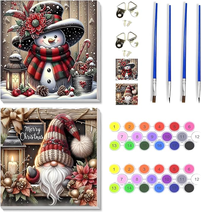 2 pack Christmas Paint by Numbers Kit for Adults Beginner with Framed,Snowman Easy Adult Paint by Number Kits on Canvas DIY Painting for Beginners Art by Numbers for Home Wall Decor 10x10 Inch