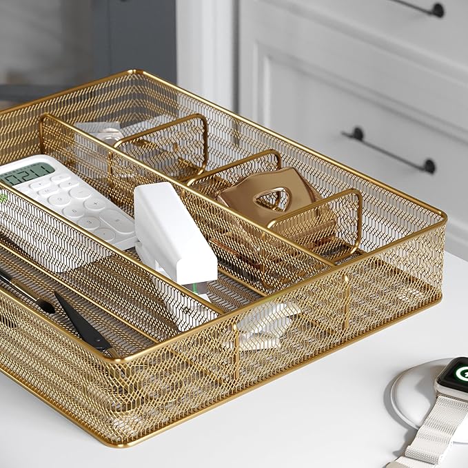Martha Stewart Ryder Gold Mesh Metal 6 Compartment Large Desk Drawer Organizer for Accessories and Office Supplies