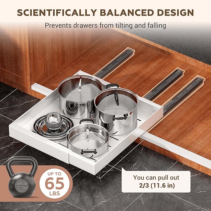 4 Pack Pull Out Cabinet Organizer for Pots and Pans, Upgraded 3-Slide Rail System with Adhesive Pads, Expandable Width (15.2"-26.2") Fits 21" Deep Framed/Frameless Cabinets, White Slide-Out Shelves