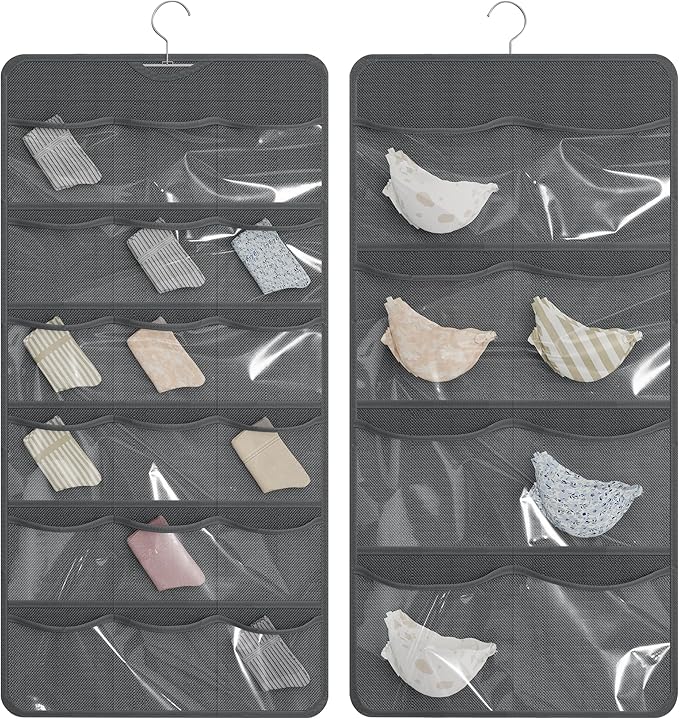 Hanging Closet Underwear Organizer, 28-Pockets Dual-Sided Storage for Socks, Bras, and Leggings Lingerie and Kids’ Clothing, Dark Gray
