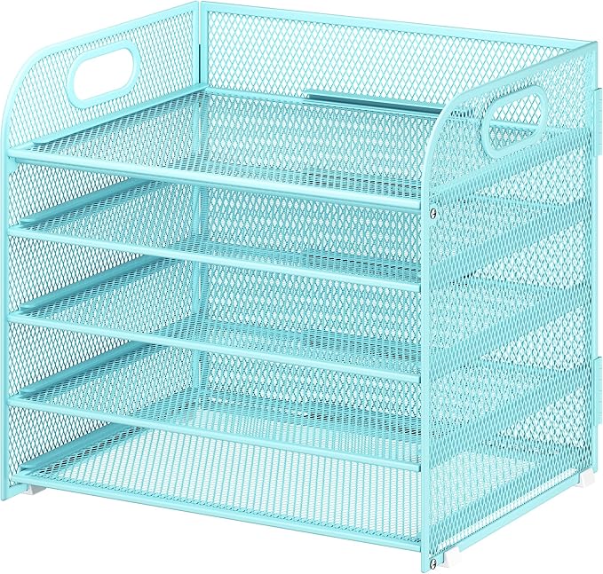 Cawukege 5 Tier Paper Organizer with Handle, Blue Metal Mesh Desk Organizer File Folder Paper Letter Tray Desktop Document Sorter for Classroom, School, Office Accessories Organization and Storage
