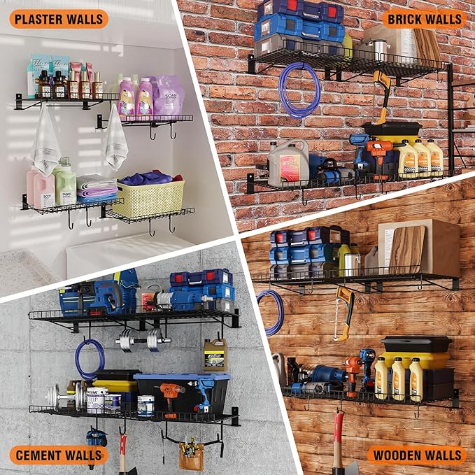 4 Pack Foldable Wall Shelf, Wall Mounted Garage Storage Shelves, Heavy Duty Wall Shelving Supports Up To 180 LBS. Floating Shelves With 8 Hooks Metal Storage Rack for Office, Kitchen and Laundry Room