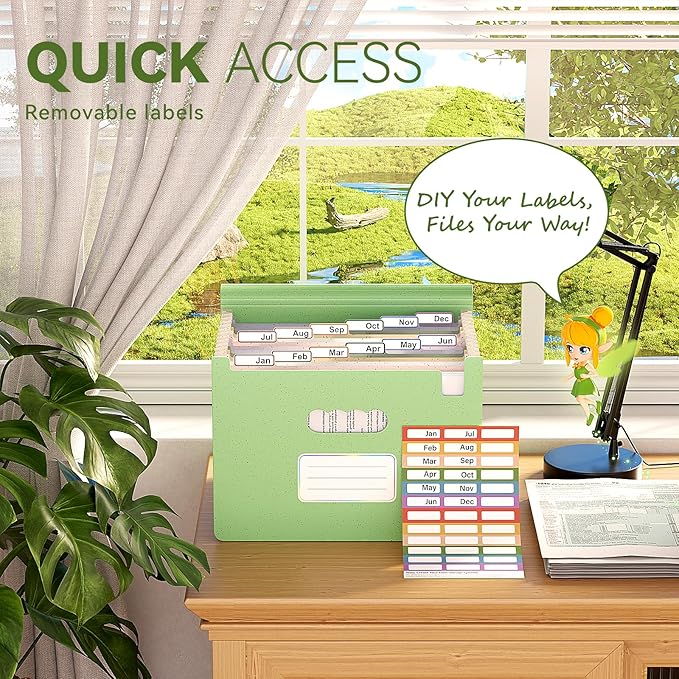 EcoStash Accordion File Organizer, 12-Pocket Wheat Straw Expanding File Folder, Portable Monthly Bill & Tax Receipt Organizer, Letter/A4 Size Document Holder with Colorful Tabs-Grass Green