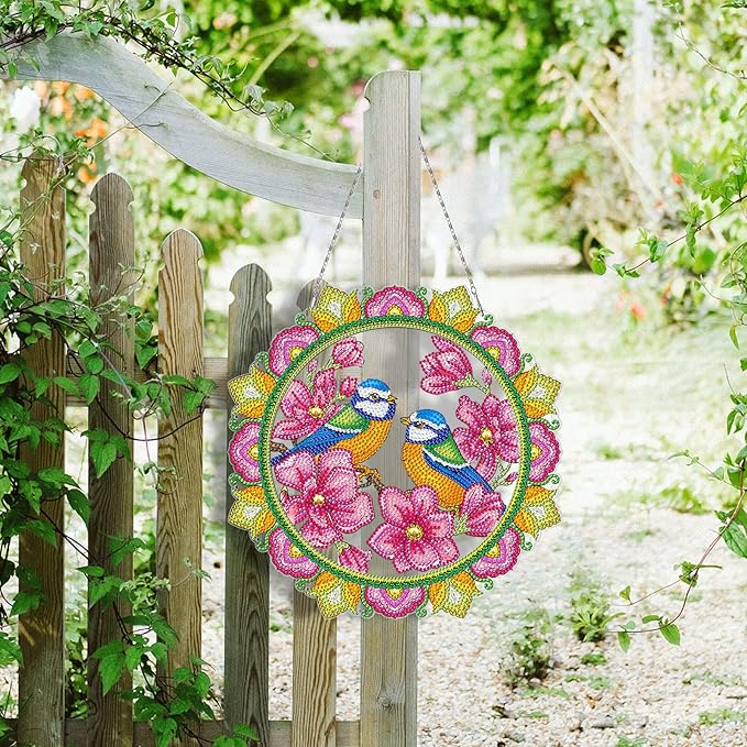 Birds and Flowers Gem Art Hanging Pendant with LED Light String DIY Diamond Art Painting Spring Wreaths Hanging Ornament Special Shape Rhinestones by Number Kits Outdoor Garden Yard Spring Door Decor