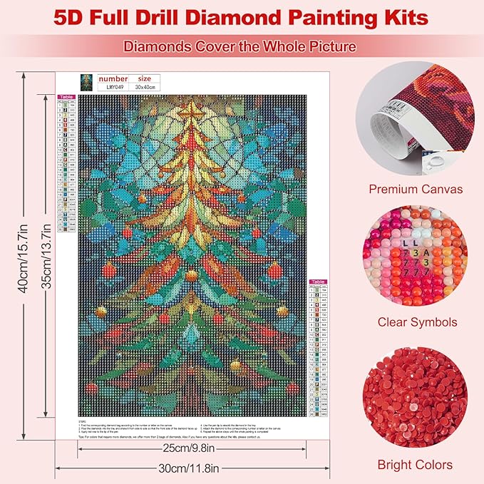 MEIYUDA Christmas Tree Diamond Painting Kits for Adults, 5D Glass Tree Diamond Art Kits for Beginners, DIY Gem Art Crystal Painting for Home Wall Decor and Present 12x16inch