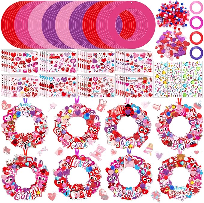 Hollowfly 48 Sets Valentine's Day Wreath Craft Kits DIY Heart Wreath Hanging Ornaments Valentines Make Your Own Paper Craft for Valentine's Day Home Party Activities