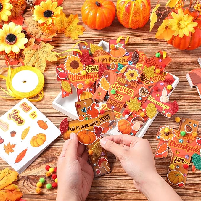 Funrous 48 Sets Fall Christian Kit Bulk Thanksgiving Cross Paper Crafts Religious Jesus Blessing Hanging Ornaments with Glitter Leaf Pompoms Stickers for Sunday School Classroom Activity Church