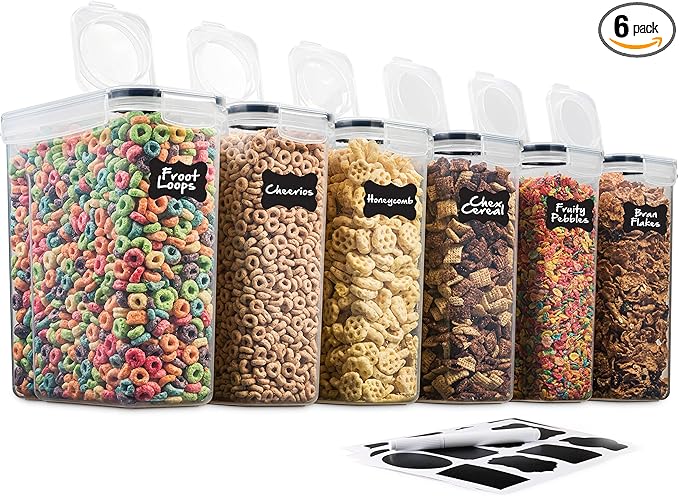 6 Pack Airtight Cereal Food Storage Container - BPA Free Plastic Kitchen and Pantry Organization Canisters for, Dry Pet Food, Flour, Sugar, Rice, Nuts, Snacks & More (135.5 Oz) Labels & Chalk Marker