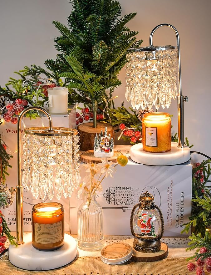 Candle Warmer Lamp with Timer Dimmable, Birthday Gifts for Women, Wax Melt Warmer for House Warming Gifts New Home Decor, Adjustable Height Crystal Candle Lamp for Jar Candles with 3 Bulbs, Gold