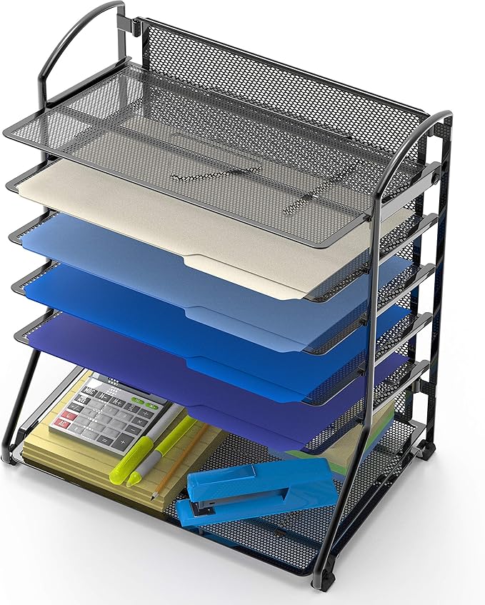 Simple Houseware 6-Tier Sliding File Organizer, Desk Letter Tray for Document and Mail Sorting, Black, 2 Packs