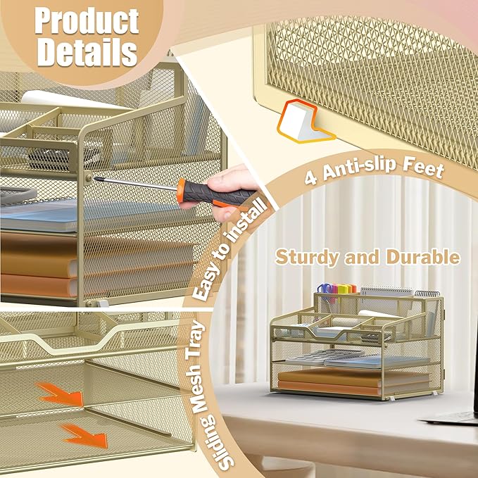 Docnest 3 Tier Mesh Desk Organizer for Paper Office Supplies – Multi-Functional Letter Tray with 5 Adjustable Compartments, 3 Pen Holders, Desktop Storage for Files, Mail, Stationery – Gold