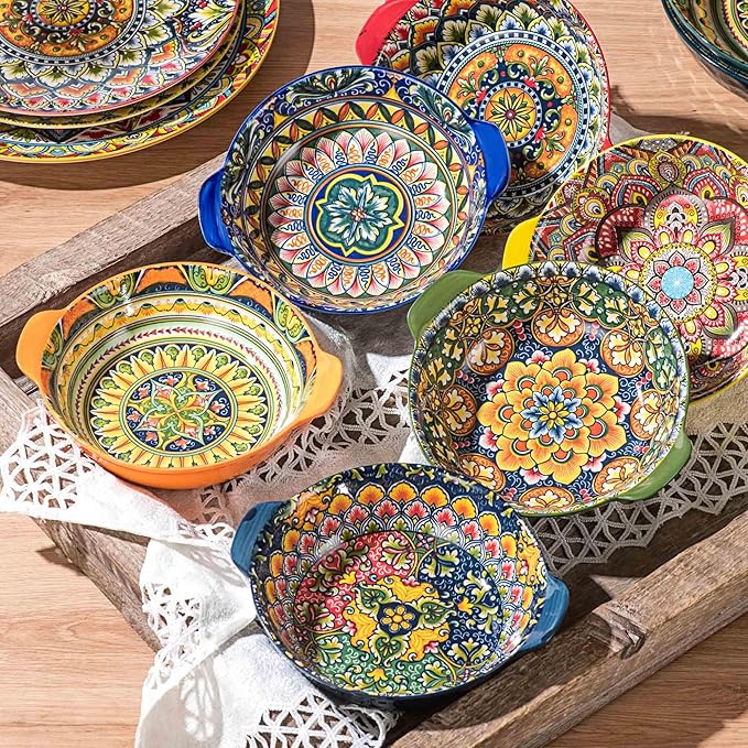 Henten Home Ceramic Soup Bowls Set, 14 oz Cereal Bowl Set of 6, Porcelain Small Dessert Bowls with Handle, for Serving, Snack, Salad, Bohemian, Microwave & Dishwasher Safe