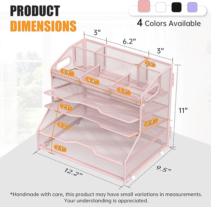 YINGHUA 5 Tier Paper Tray Letter Organizer with Top 6 Adjustable Compartments - Paper Sorter Office Desktop Accessories with Handles for Document,Mail,School Supplies Storage,Pink