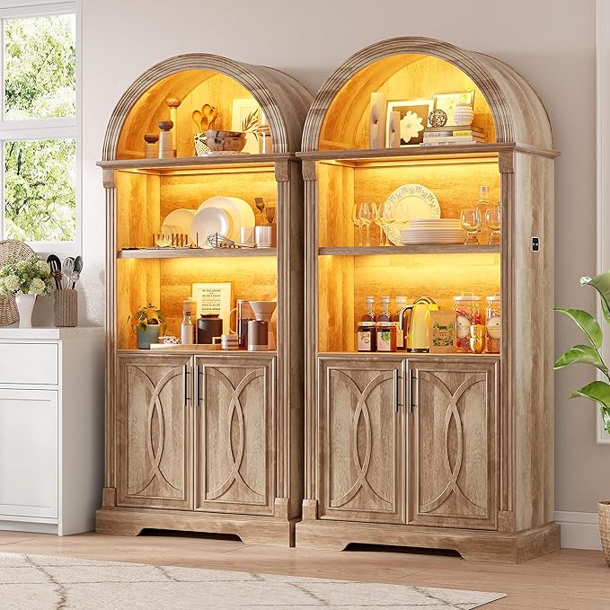 Vlsrka 71" Tall Arched Kitchen Pantry Cabinets, Wood Kitchen Storage Cabinets/Arched Bookshelf/Bookcase,China Cabinet with Open & Adjustable Shelves, Induction LED Light (Brown 2 PCS)