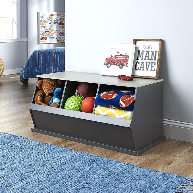Badger Basket 3-Bin Stackable Toy Storage Organizer and Cubby for Kids – Durable Plastic Bins, Easy Access Storage for Toys, Books, and Kids’ Room – Charcoal Gray