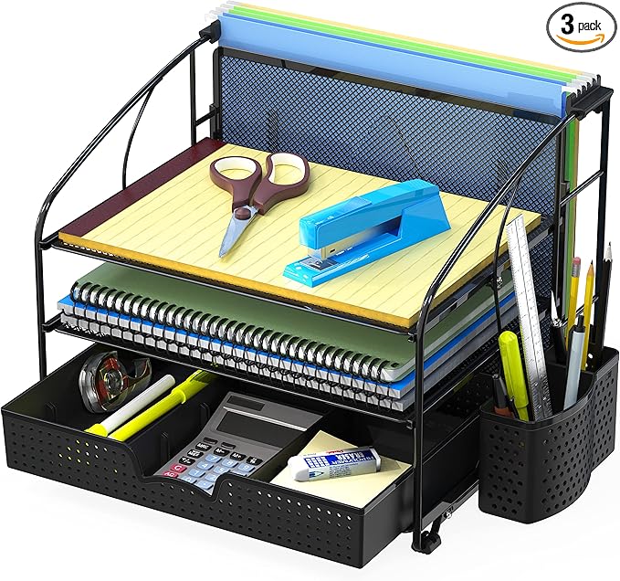 Simple Houseware 3-Tier Desk Organizer with Sliding Drawer, Hanging File Holder and Pen Holder Accessory, Black