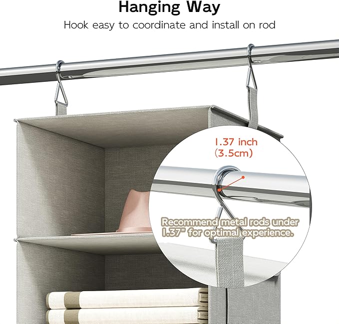 Vailando 6-Shelf Hanging Closet Organizer with 3 Drawers, Closet Hanging Shelves with Removable Fabric Drawers for Wardrobe, Nursery & Dorm Storage, Silver Gray