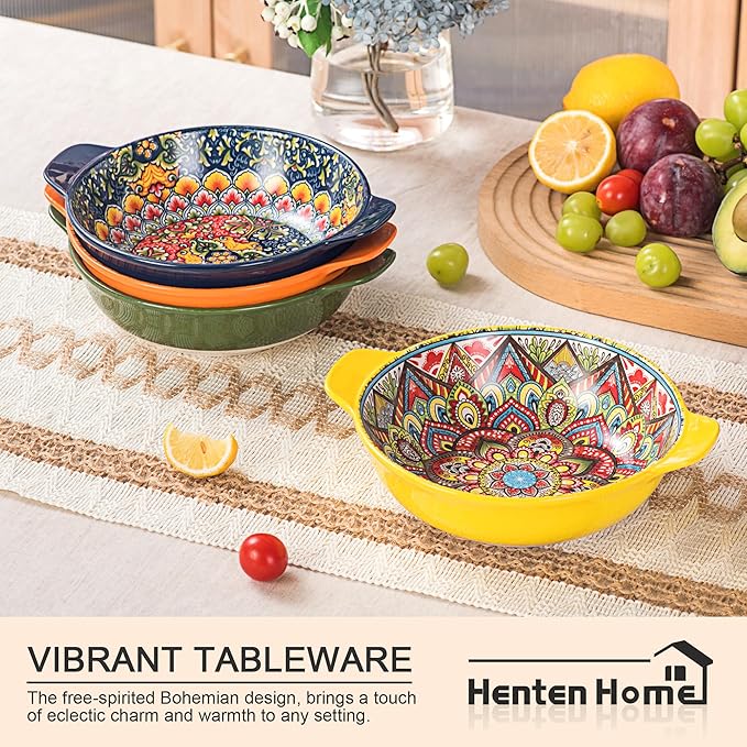 Henten Home Porcelain Pasta Bowls with Handle - 30 oz Ceramic Soup Bowls Set of 6, Colorful Serving Dishes for Salad, Cereal, Dinner, Bohemian Style, Microwave & Dishwasher Safe