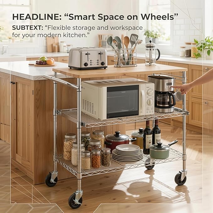 Finnhomy 3-Tier Rolling Kitchen Cart with 18" D x 36" W Oak Wood Tabletop, Kitchen Island Cart with 4" Wheels and Slider Shelf, Microwave Cart & Coffee Cart with Hooks for Dining Room, Chrome