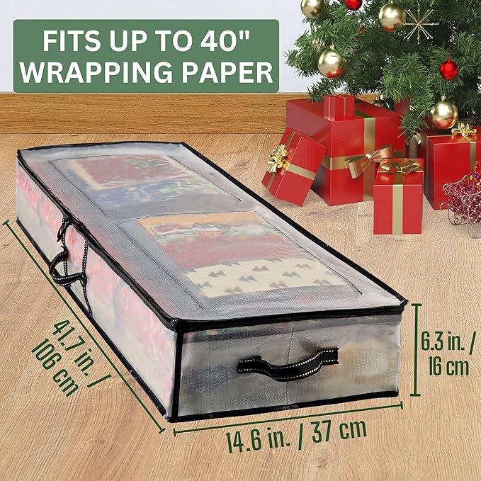 VENO Clear Wrapping Paper Organizer Storage Box for Christmas Gift Bags and Holiday Accessories, Underbed Storage Container with Interior Pockets, 40 Inches Long Fits 24 Rolls