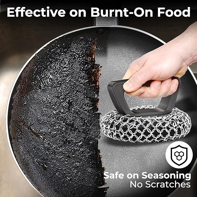 Amagabeli Cast Iron Cleaner with Handle Stainless Steel Chainmail Pan Scrubber for Cast Iron Skillet Cleaner Chain Mail Scrubber Brush Pan Pot Wok Griddles BBQ Grills