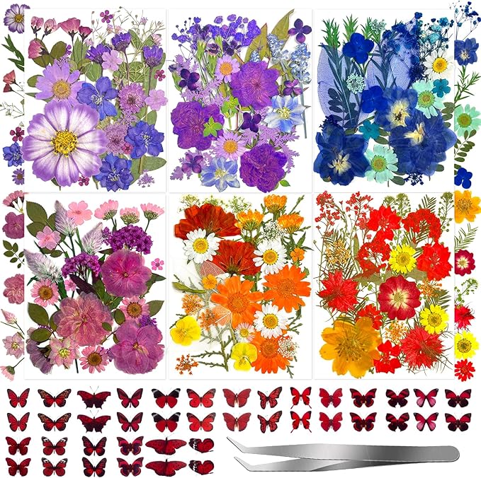 207 Pcs Dried Pressed Flowers for Crafts, Dried Pressed Flowers for Resin, Bulk Natural Dried Flowers Kit with Butterfly Stickers&Tweezers for DlY Resin Molds, Candles, Soap,Jewelry Making, Art Crafts