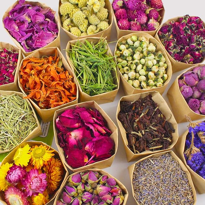 16 Bags Set Dried Flowers Artisan Dried Flower Kit - Candle Making Soap Making DIY Candel Flowers-,Lavender,Roseleaf,Pink Rose,Jasmine,Petal and More