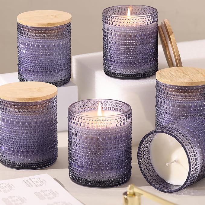 DEVI 14oz Purple Glass Candle Jars for Making Candles (6 Pack), Large Purple Glass Candle Jars with Bamboo Lids, Bulk Empty Candle Containers, Candle Tins Making Supplies, Lavender Office Decor