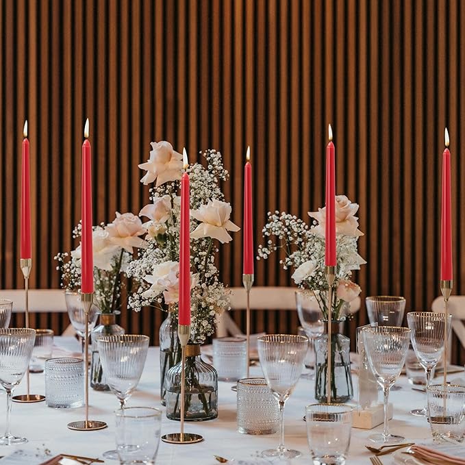 Red Taper Candles 10-Inch - Dripless Tall Christmas 12 Pack Tapered Candlesticks Unscented Smokeless Long Slow Burning Red Candle Sticks 8 Hours Paraffin Wax for Dinner Valentine’s Day Decor