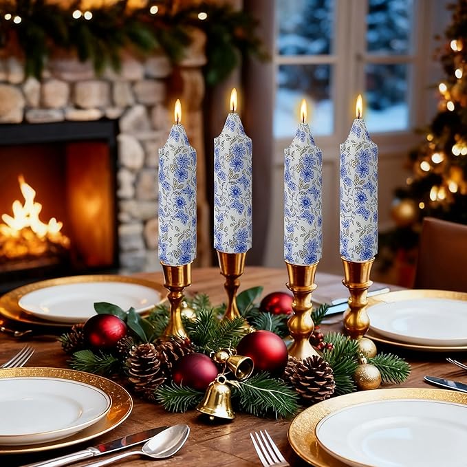 5 inch Short Candle Floral Candle Sticks Printed Candlestick Handmade Unscented Taper Candle 4 pcs Blue Flower Tapered Candles for Home Dinner Wedding Holiday