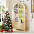 LVSOMT 71" Tall Arched Storage Cabinet with Glass Doors and Drawers, Curio Display Cabinet with Adjustable RGB Light & Human Sensor, 4-Tier China Cabinet for Living Room(Wood)