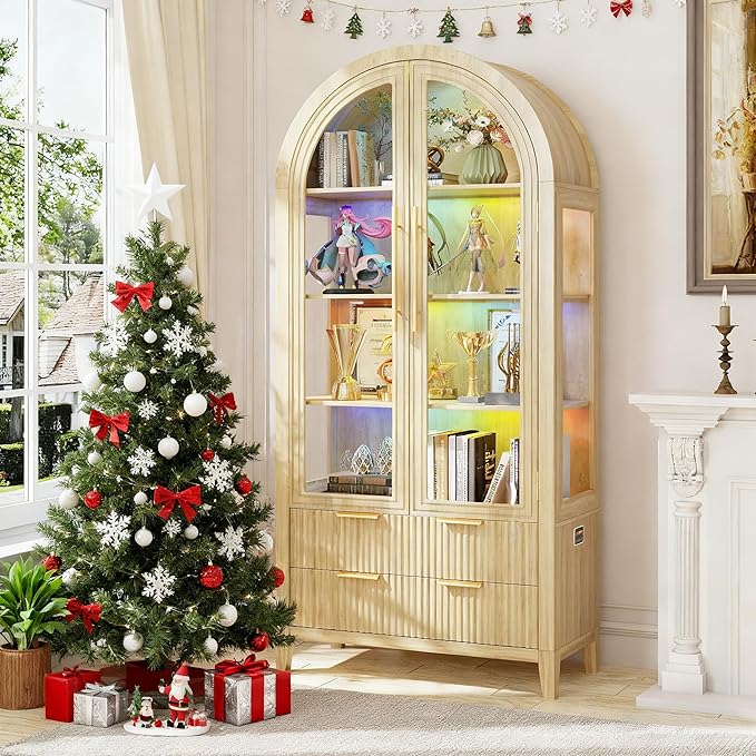 LVSOMT 71" Tall Arched Storage Cabinet with Glass Doors and Drawers, Curio Display Cabinet with Adjustable RGB Light & Human Sensor, 4-Tier China Cabinet for Living Room(Wood)
